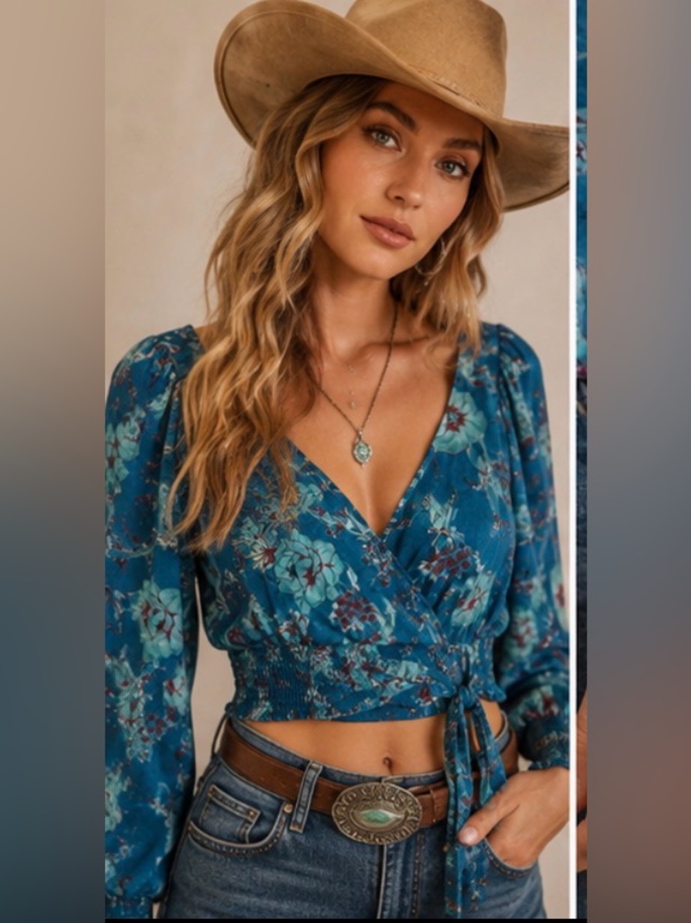 New‼️ Band of the Free Sybille Floral Wrap Crop Top | NWT | Teal | Size Small - Picture 2 of 13